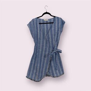 Blue striped denim style fringe wrap dress. Size Medium